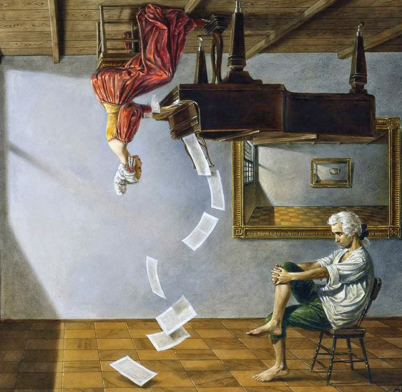 An abstract illustration representing absurdism, featuring a person standing at the edge of a vast, empty landscape under a starry sky.